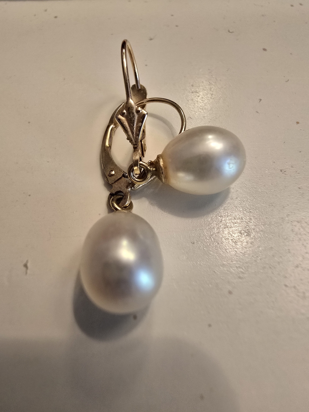 Gold Drop Pearl Lever Back Earrings - Classic White Pearl Dangle